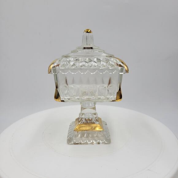 Vintage Jeannette Clear Glass Covered Pedestal Candy Dish 6" with Gold Trim USA - Picture 11 of 11
